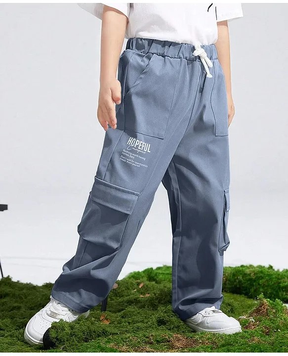 tior Cotton Woven Hopeful Text Printed Cargo Pants - Blue